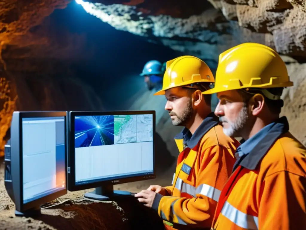 Equipo de mineros analizando datos geológicos con software de mapeo para seguridad en exploraciones subterráneas