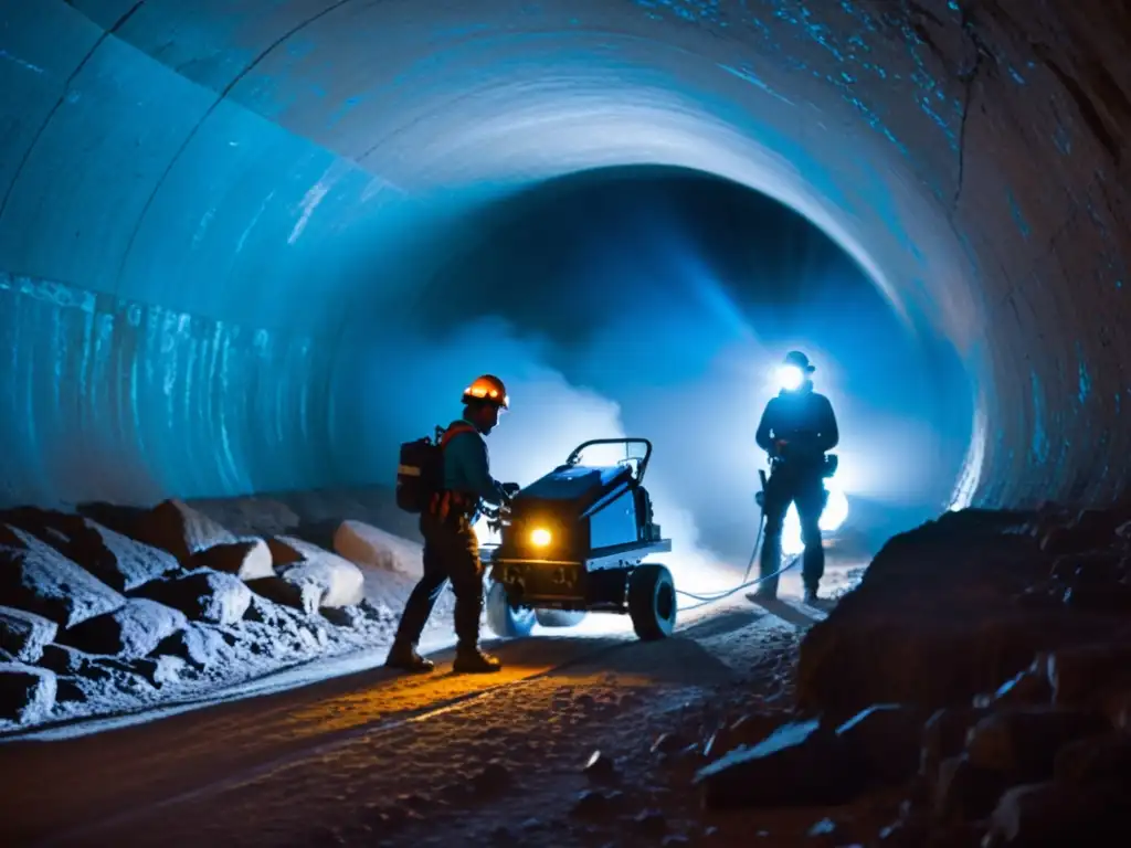 Equipo moderno para exploración subterránea en antiguo túnel con investigadores y equipo de radar en acción