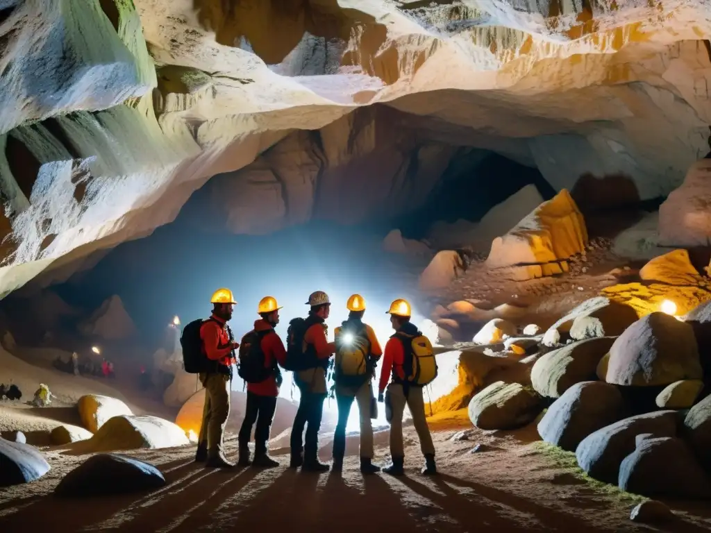 Un equipo de guías profesionales lidera una expedición subterránea, explorando una caverna iluminada por lámparas frontales