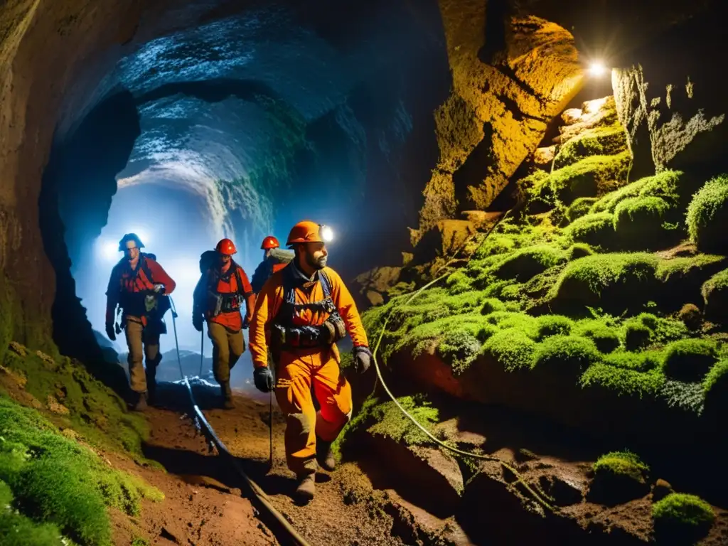 Equipo de rescate explorando un antiguo túnel con técnicas de supervivencia en túneles históricos, iluminados por lámparas frontales