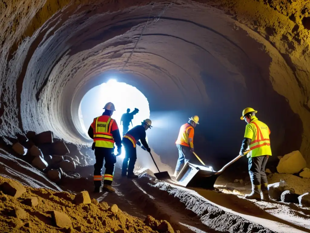 Equipo de rescate recuperando artefactos en túnel colapsado, con determinación y precaución en ambiente tenso y polvoriento