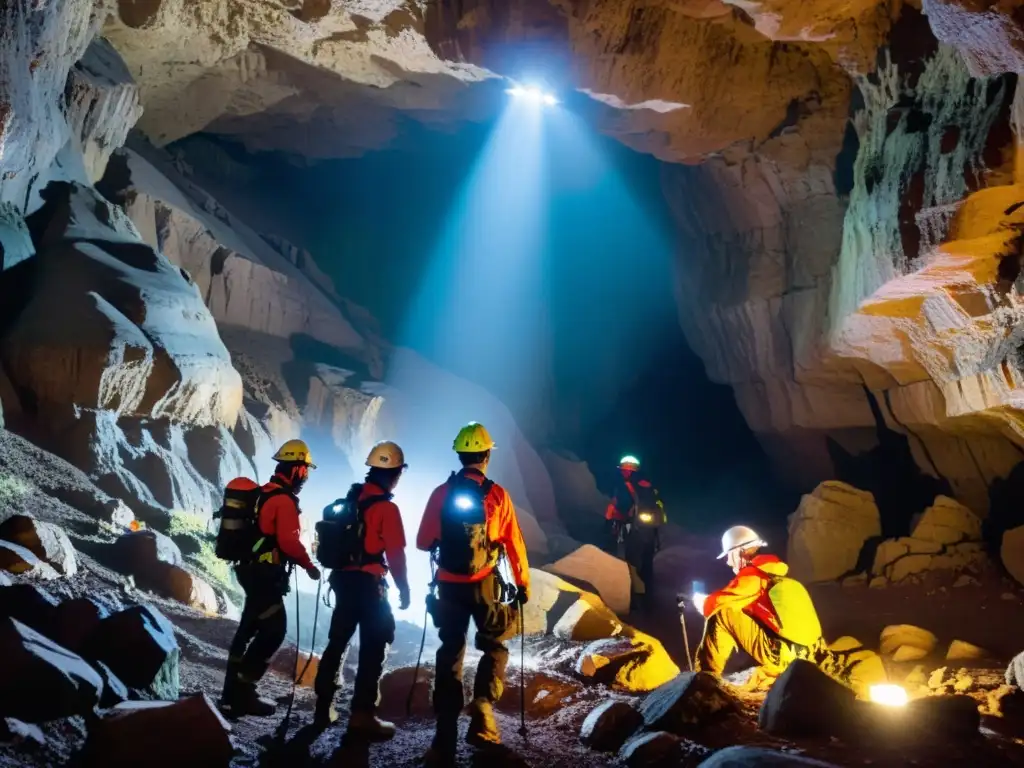 Equipo de rescate explorando cuevas subterráneas con drones, iluminando el terreno con linternas en un ambiente desafiante