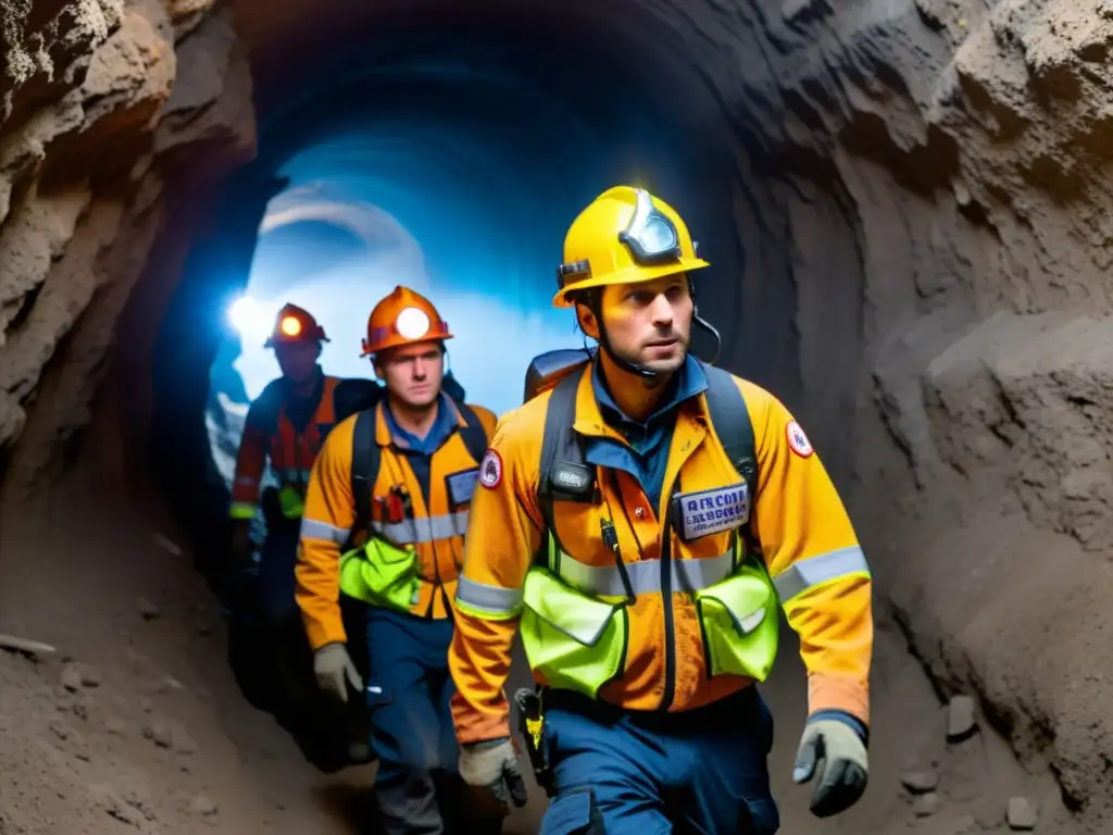 Equipo de rescate avanzando con determinación en un estrecho túnel subterráneo, mostrando técnicas de supervivencia en túneles históricos