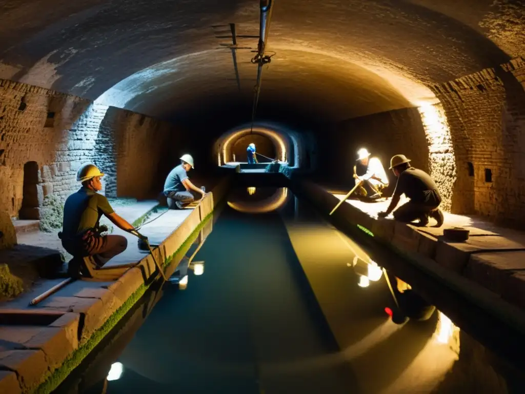 Equipo de restauración en canal subterráneo histórico, meticuloso trabajo en la penumbra destacando la arquitectura centenaria