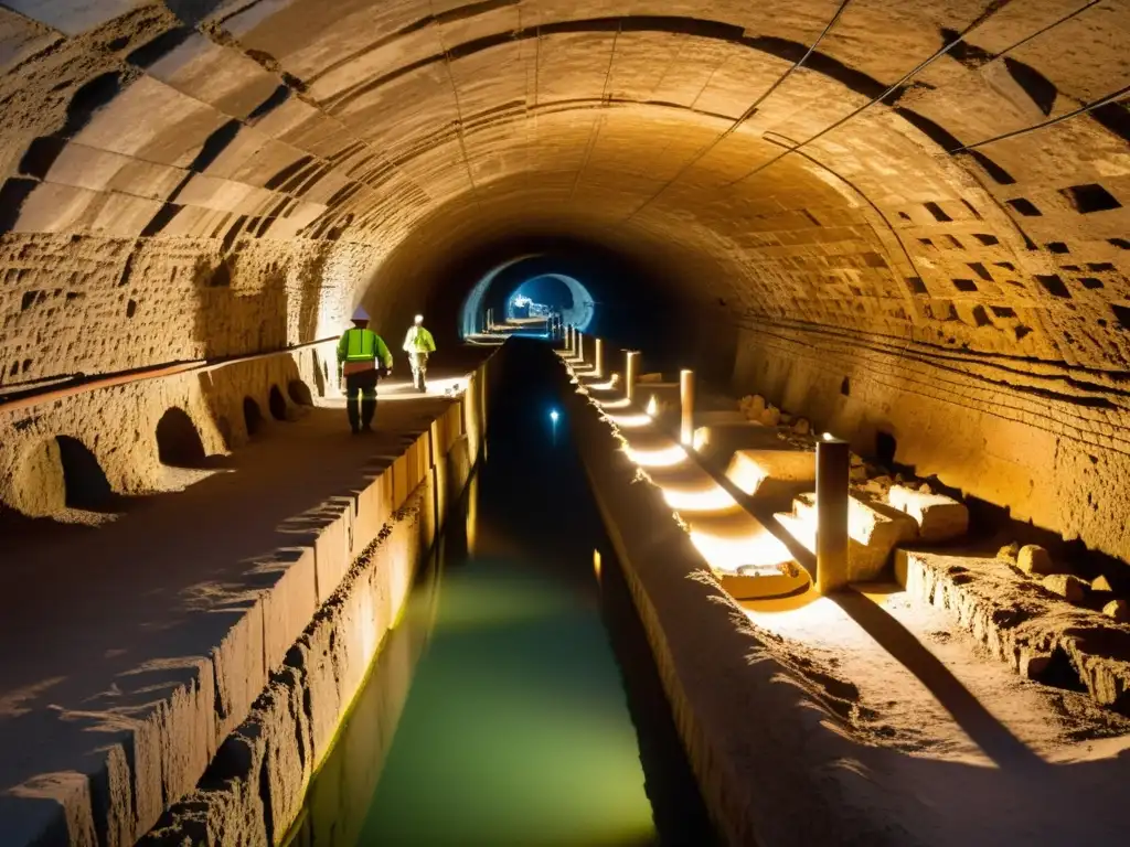 Equipo de restauración de canales subterráneos históricos, iluminando y preservando la arquitectura con herramientas especializadas