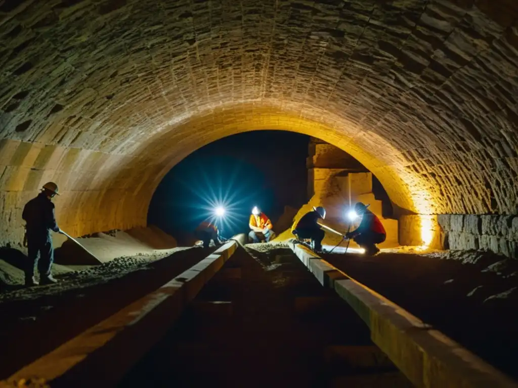 Un equipo de restauración trabaja con cuidado en un antiguo acueducto subterráneo, preservando su estructura histórica con destreza y dedicación