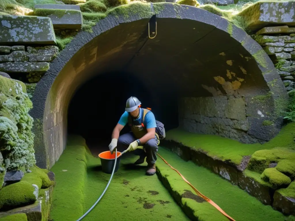 Equipo de restauración cuidadosa en túnel histórico, destacando la compleja relación entre preservación y impacto ambiental