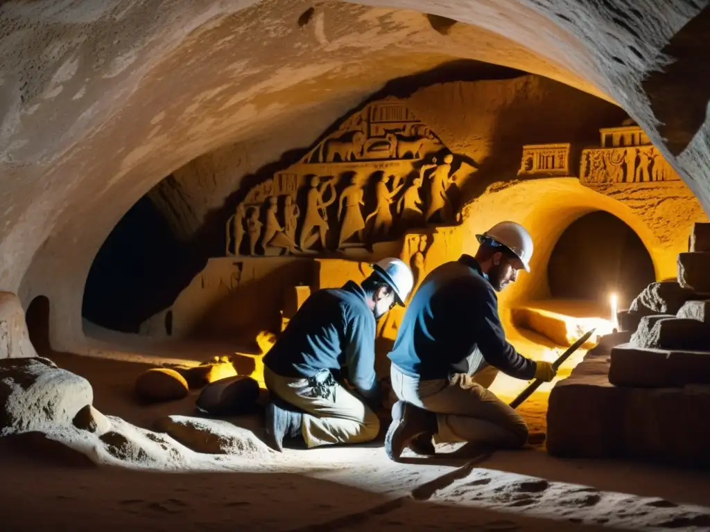 Equipo de restauración de espacios subterráneos históricos trabajando meticulosamente en intrincadas esculturas y arquitectura antigua