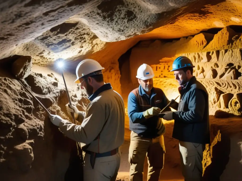 Equipo de restauración de espacios subterráneos históricos revelando tesoros ocultos con delicadeza en cámara subterránea iluminada