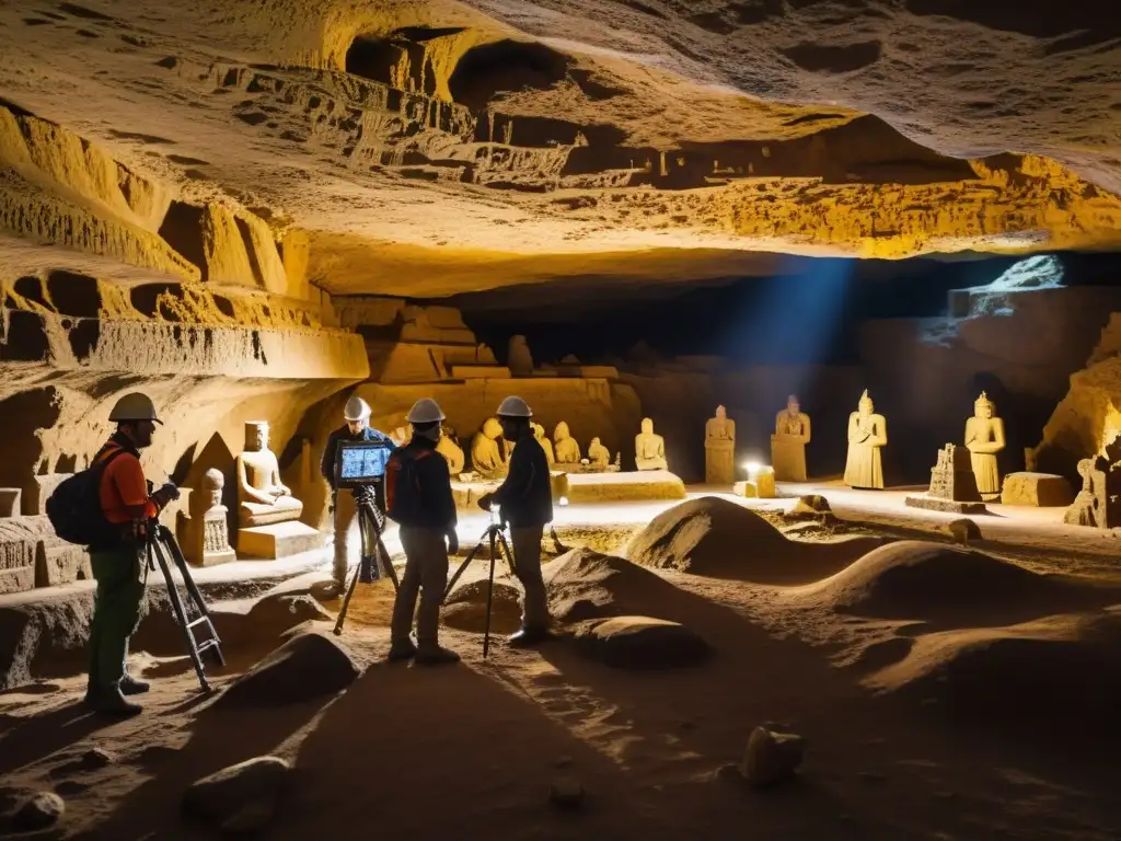 Equipo de restauración de espacios subterráneos históricos preserva antigua civilización con dedicación y tecnología avanzada en caverna iluminada