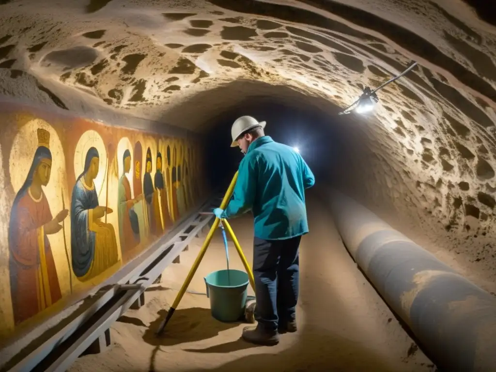 Equipo de restauración de murales en túneles, meticuloso trabajo de conservación en arte centenario