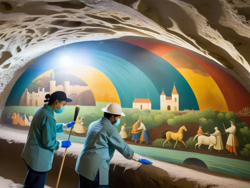 Equipo de restauración de murales en túneles cuidadosamente retocando una obra de arte histórica en un túnel subterráneo, creando una atmósfera cautivadora