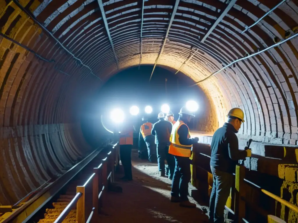 Un equipo de restauración trabaja en un túnel ferroviario histórico, iluminados por lámparas frontales, restaurando con meticulosidad