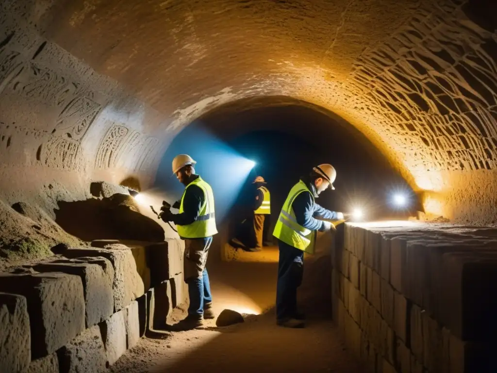 Equipo de restauración trabajando meticulosamente en un túnel subterráneo, revelando la belleza de la antigua piedra