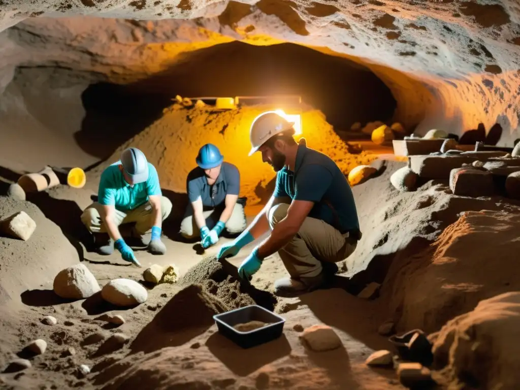 Equipo arqueológico excavando meticulosamente un sitio subterráneo, con artefactos iluminados por luces de excavación