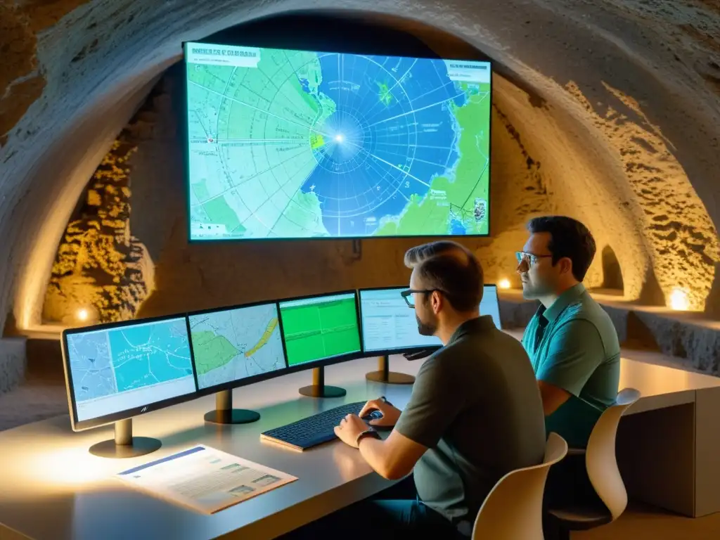 Equipo de ingenieros desarrollando software de exploración de túneles Equipo de software explorando túneles históricos con tecnología avanzada y artefactos históricos