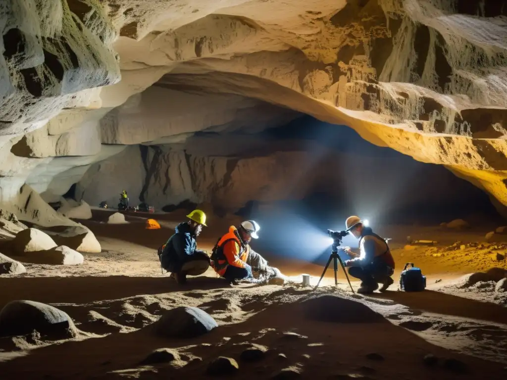 Equipo de conservación subterránea documentando estructuras antiguas con meticulosidad y tecnología avanzada