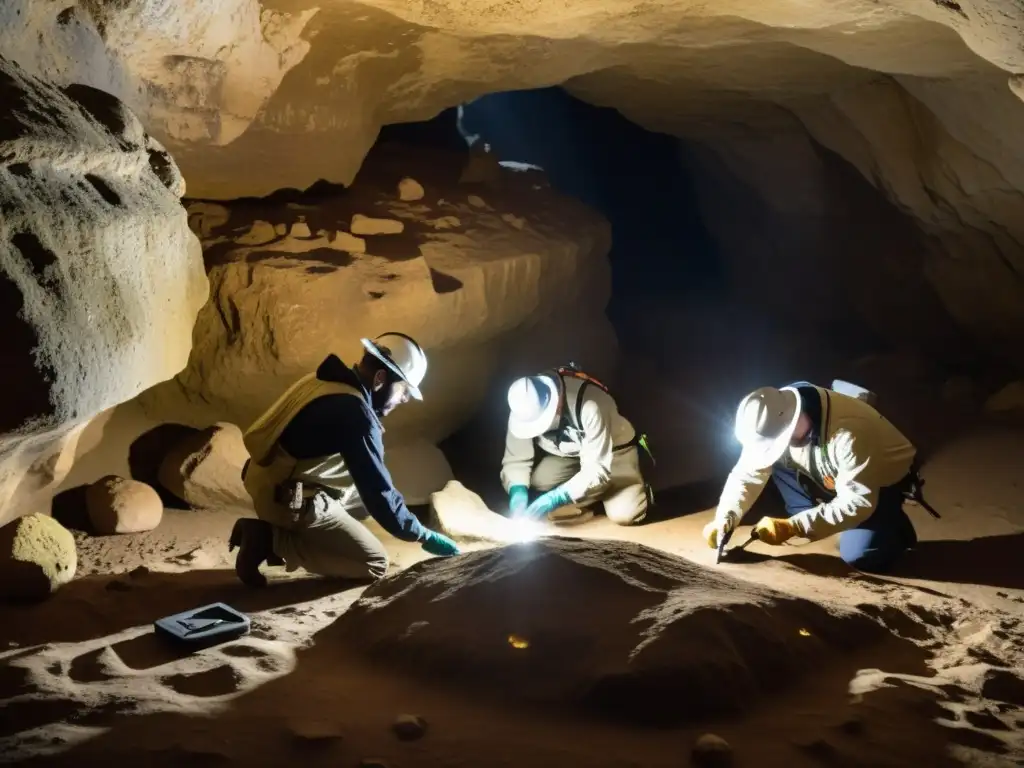 Equipo de conservación patrimonio subterráneo utilizando herramientas esenciales en caverna iluminada