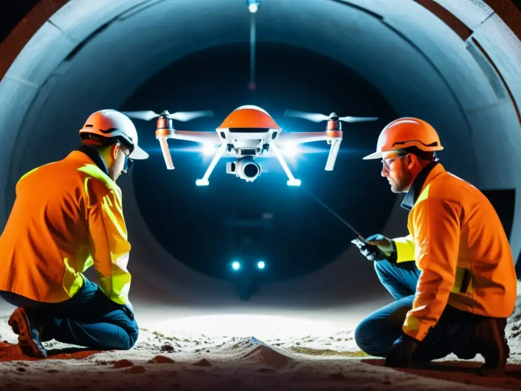 Equipo técnico inspeccionando minuciosamente un dron de alta tecnología en cámara subterránea