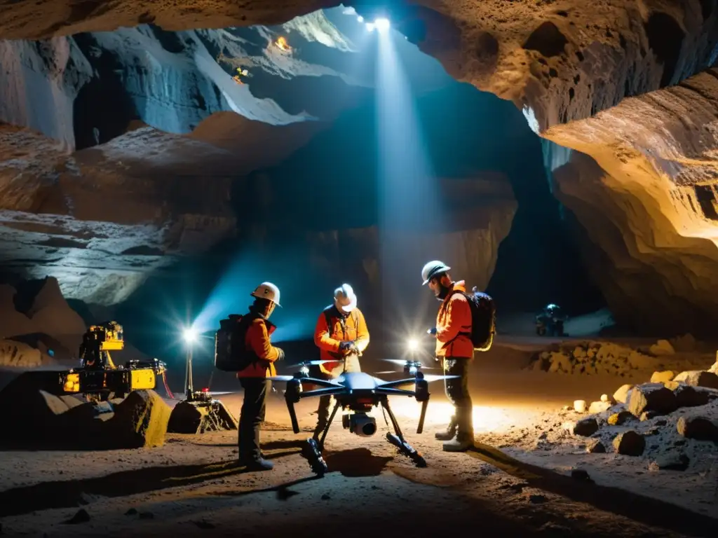 Un equipo de técnicos inspecciona y mantiene drones de alta tecnología para una aventura subterránea