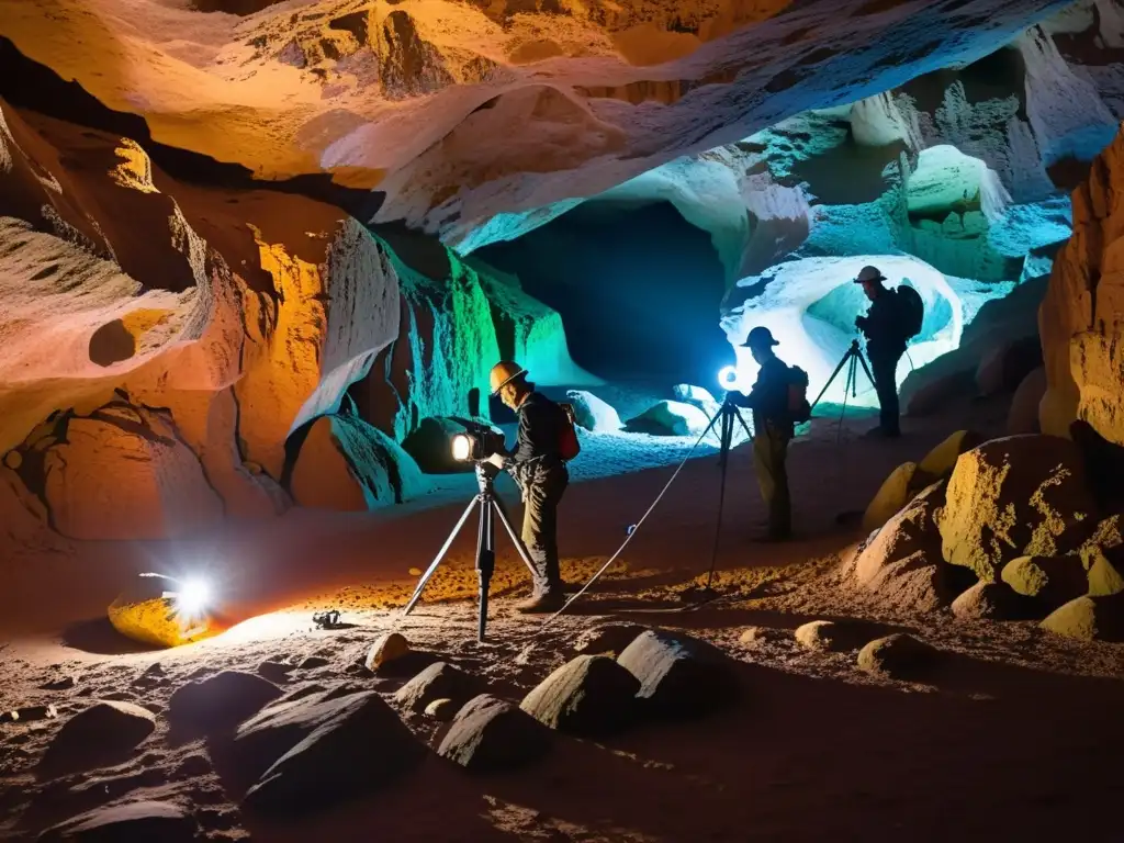 Un equipo de técnicos de iluminación expertos posiciona luces LED en una cueva subterránea, resaltando la belleza enigmática del entorno