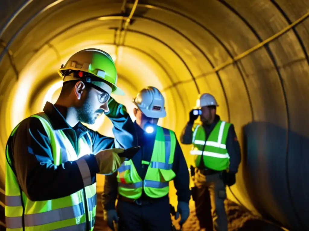 Un equipo de técnicos de radio con equipos de seguridad inspecciona equipos de comunicación en un túnel subterráneo, garantizando la conectividad