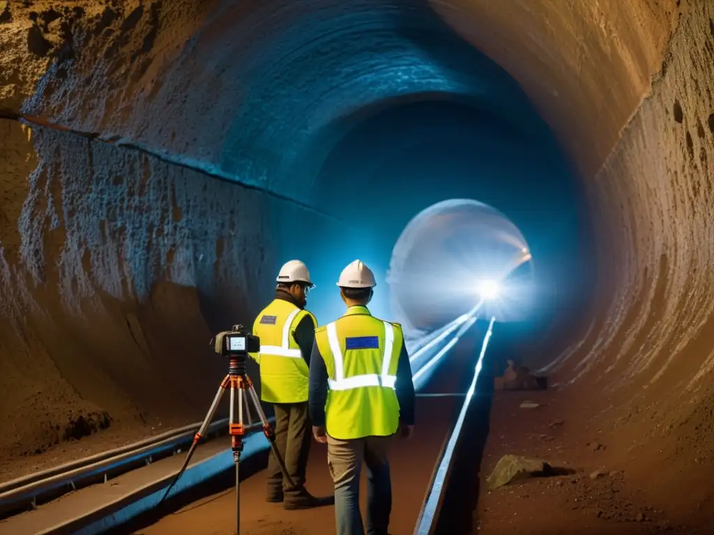 Un equipo de topógrafos utiliza técnicas de exploración de túneles subterráneos para capturar datos precisos en un ambiente atmosférico y detallado