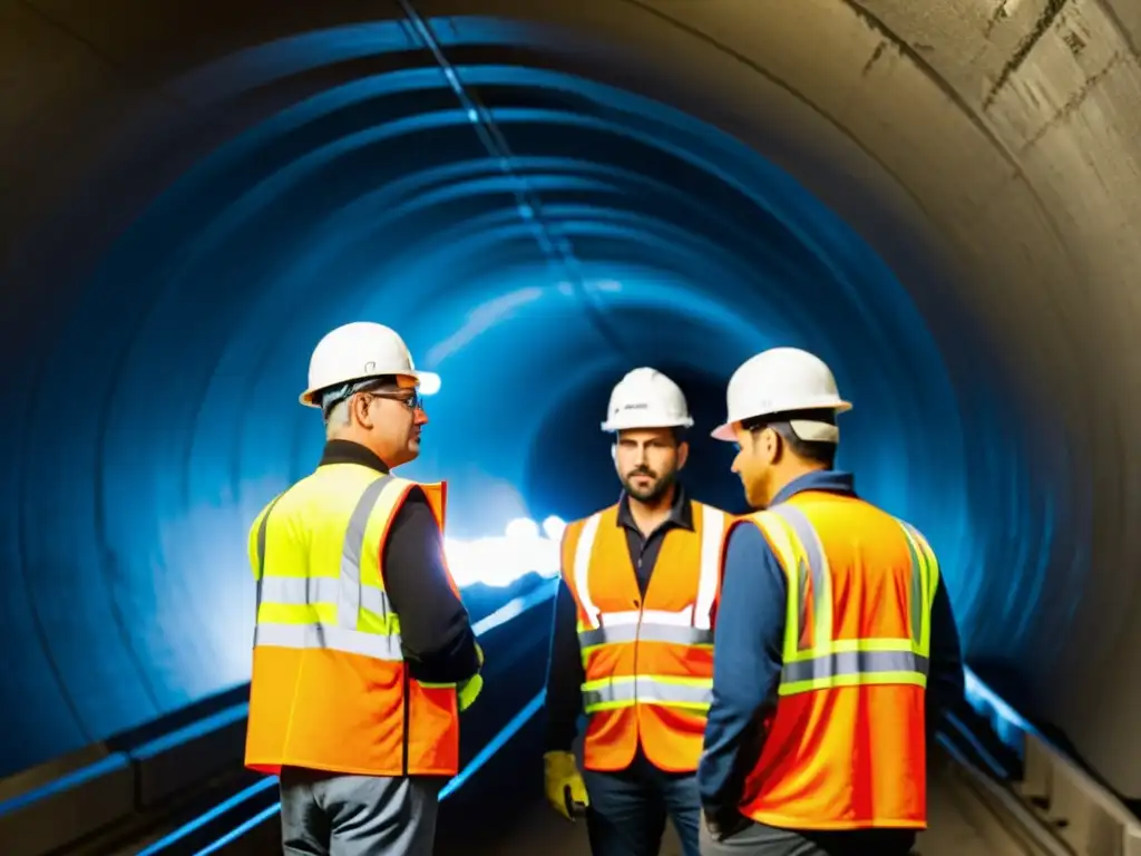 Un equipo de trabajadores de la construcción, con chalecos naranjas y cascos, refuerza túnel con compuestos revolucionarios para construcción túneles