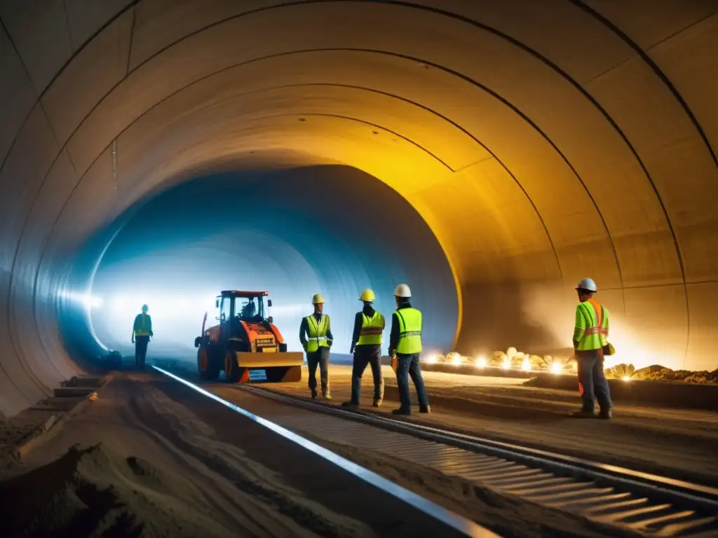 Un equipo de trabajadores de la construcción maniobra segmentos de concreto en un túnel, mostrando la compleja logística de materiales en túneles