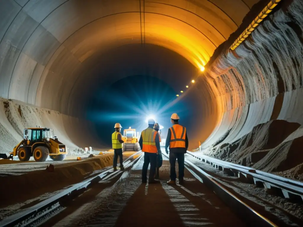 Un equipo de trabajadores de la construcción en túneles operando maquinaria pesada para la logística de materiales