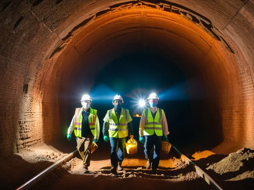 Un equipo de trabajadores con máscaras para túneles históricos, iluminados por lámparas frontales, recorre un antiguo túnel con maquinaria pesada