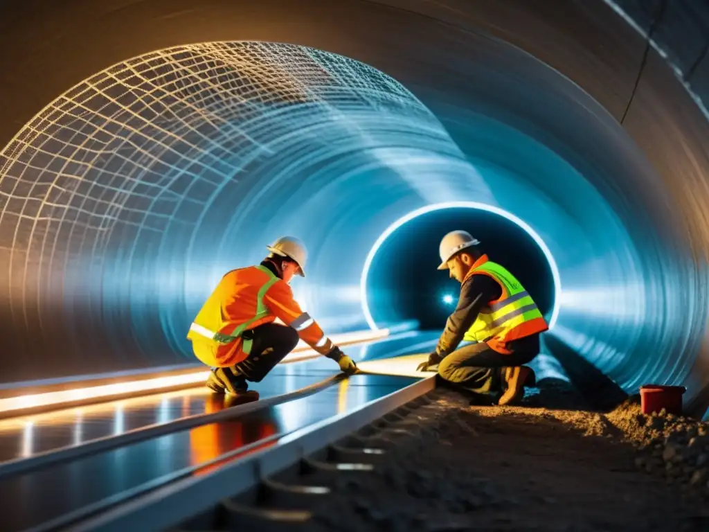 Un equipo de trabajadores colocando con precisión compuestos revolucionarios para construcción de túneles en un túnel oscuro