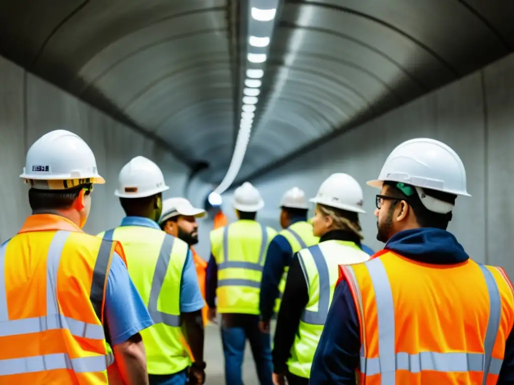 Un equipo de trabajadores instala un sofisticado sistema de seguridad en un túnel, demostrando meticulosidad y enfoque