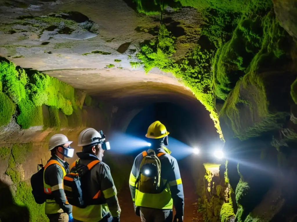 Equipo de trabajadores inspeccionando túnel antiguo, iluminado por linternas, buscando Monitores de gases peligrosos subterráneos