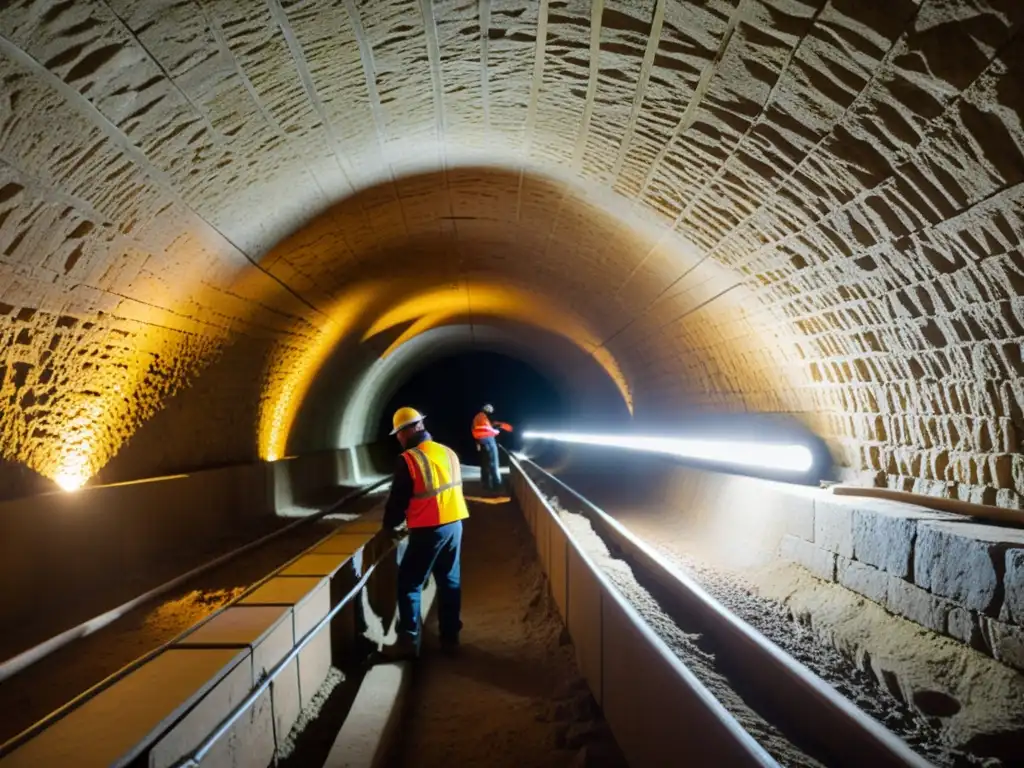 Un equipo de preservacionistas restaurando y documentando un túnel histórico, destacando la exploración de túneles históricos