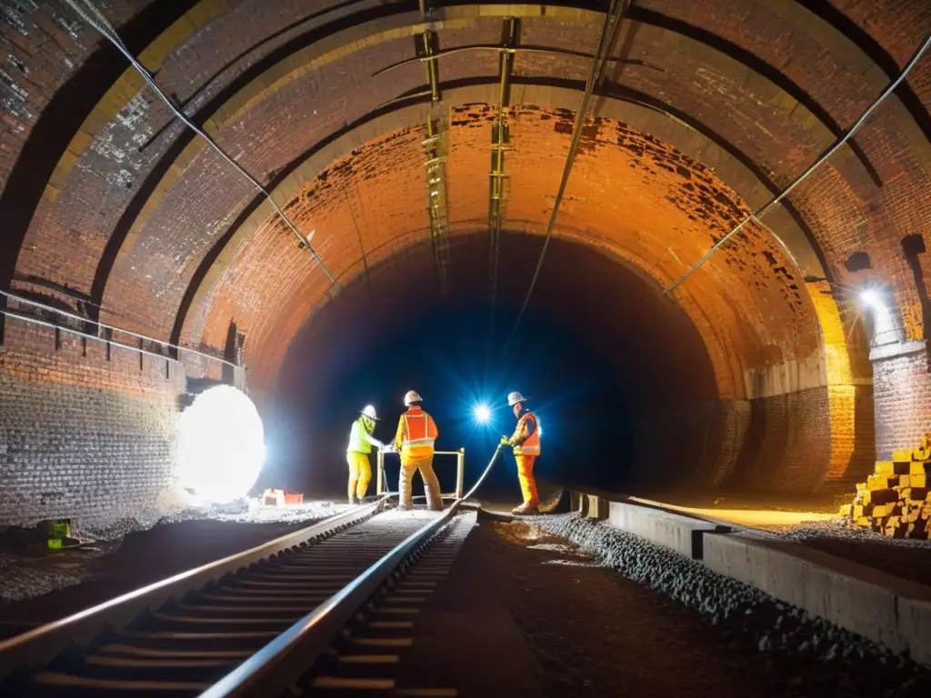 Equipo restaurando túneles ferroviarios históricos con cuidado y dedicación bajo la luz brillante