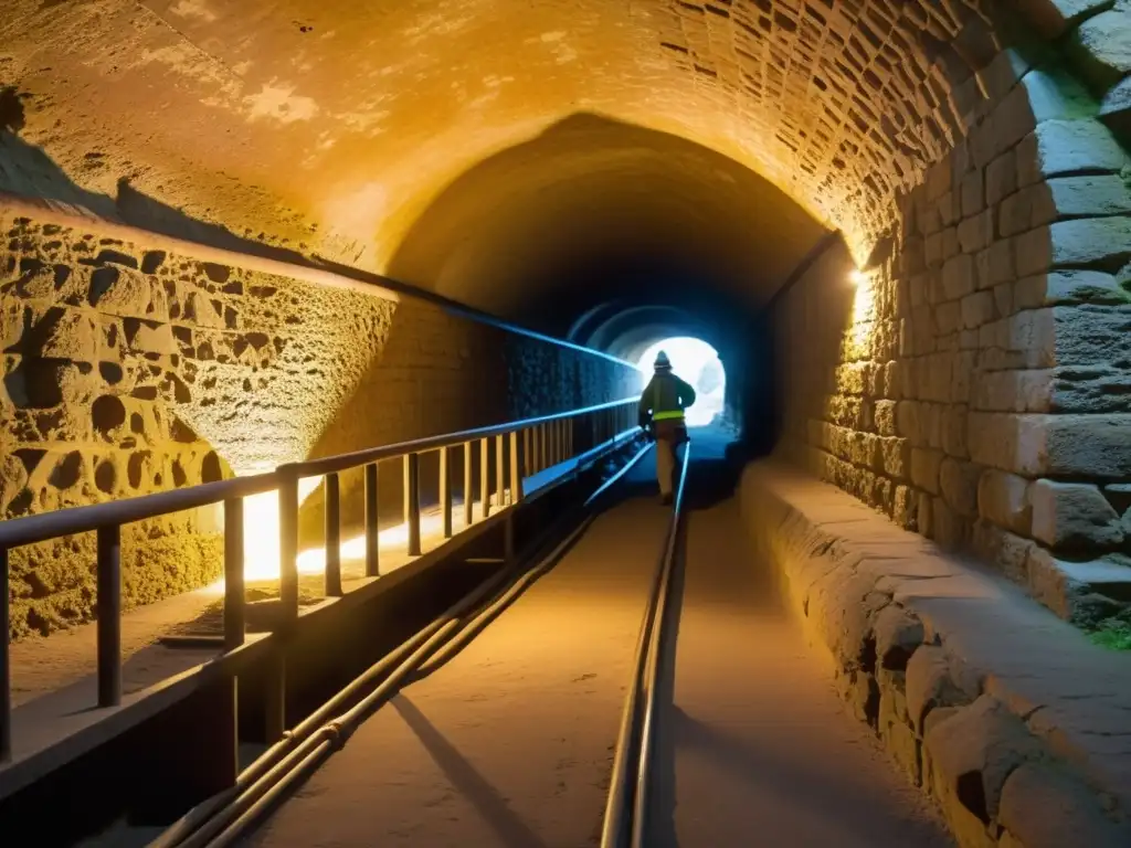 Equipo de conservación de túneles históricos expertos iluminando y restaurando pasadizo centenario, revelando su belleza original