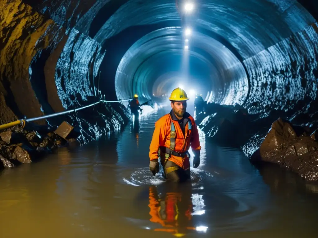 Equipo de flotación para túneles: mineros exploran con determinación un túnel inundado, iluminados por sus lámparas de cabeza