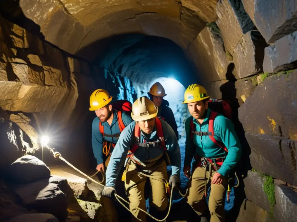 Un equipo vital para exploración vertical desciende con cuidado por un túnel histórico, iluminando el terreno con sus lámparas frontales