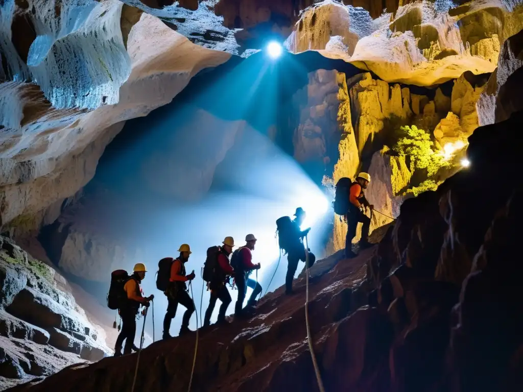 Equipo vital para exploración vertical: Caverna iluminada por linternas, exploradores descendiendo con cuerdas en un paisaje subterráneo dramático