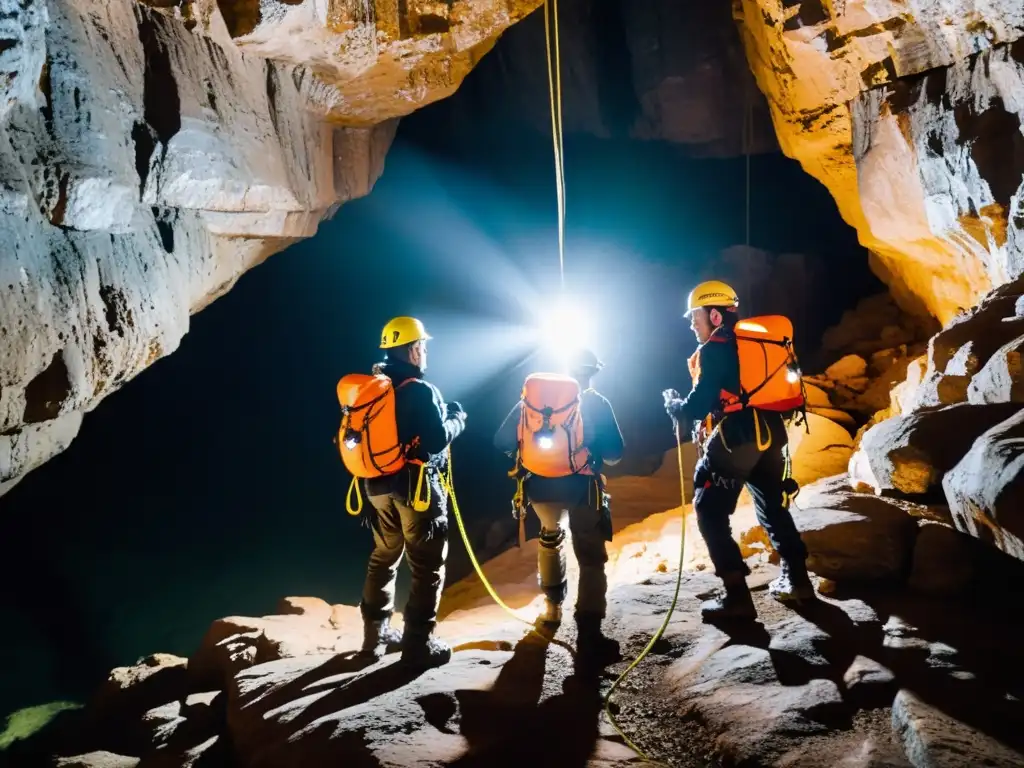 Un equipo vital para exploración vertical: Experimentados exploradores descienden con cautela a un oscuro abismo subterráneo, iluminando las rugosas paredes con sus frontales