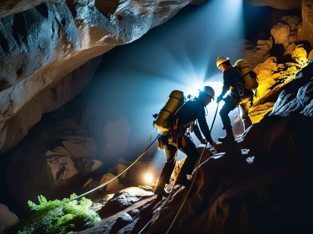 Un equipo vital para exploración vertical de cuevas desciende con determinación en la oscuridad, mostrando precisión y experiencia