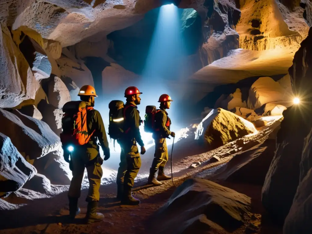 Equipos de comunicación para espeleólogos explorando caverna subterránea con luz de cabeza, destacando formaciones rocosas