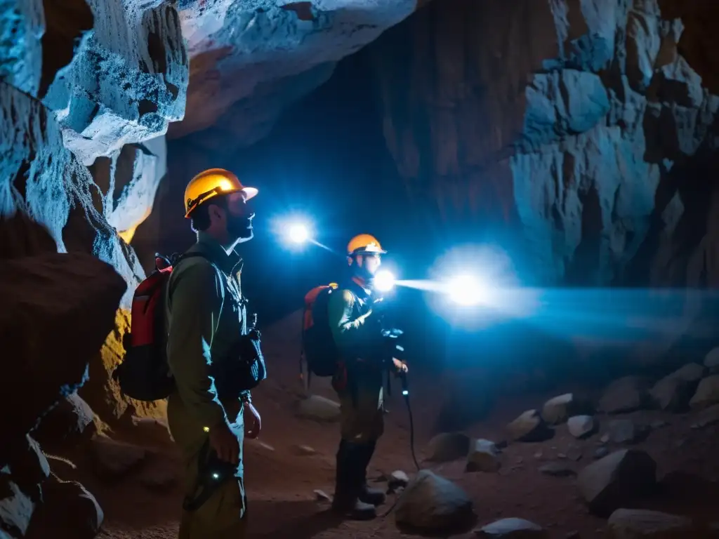 Equipos de comunicación para espeleólogos explorando una cueva estrecha con headlamps, revelando la aventura y la necesidad de comunicación confiable