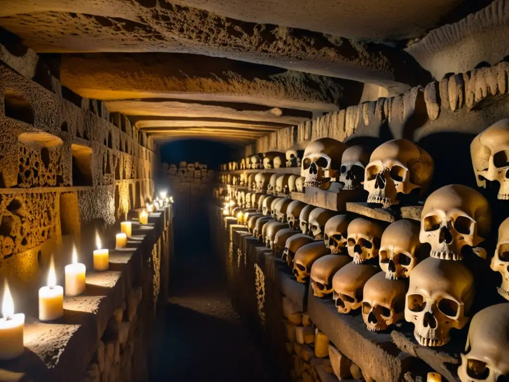 Escalofriante pasaje subterráneo de las catacumbas de París, con muros de piedra y pilas de cráneos y huesos iluminados por velas