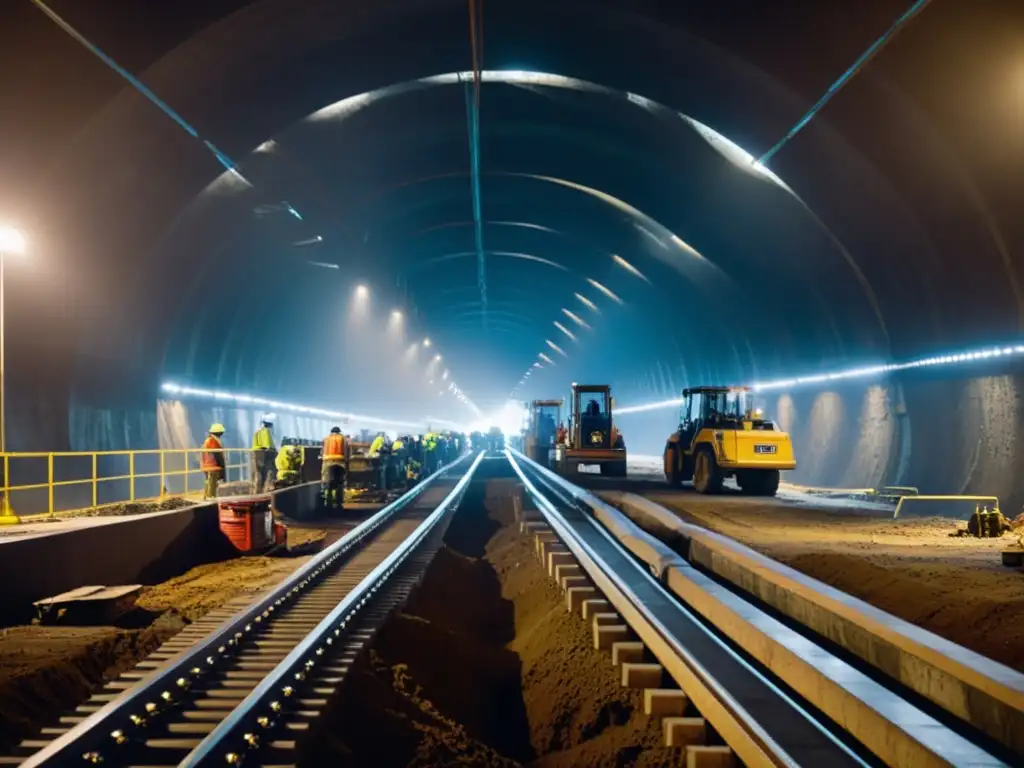 Escena impresionante de construcción de túneles urbanos, con trabajadores en equipo y maquinaria pesada iluminada por luces industriales