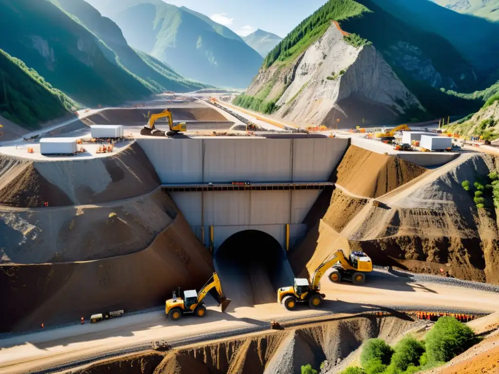 Un escenario de construcción de túneles modernos en terreno montañoso, con trabajadores y maquinaria pesada