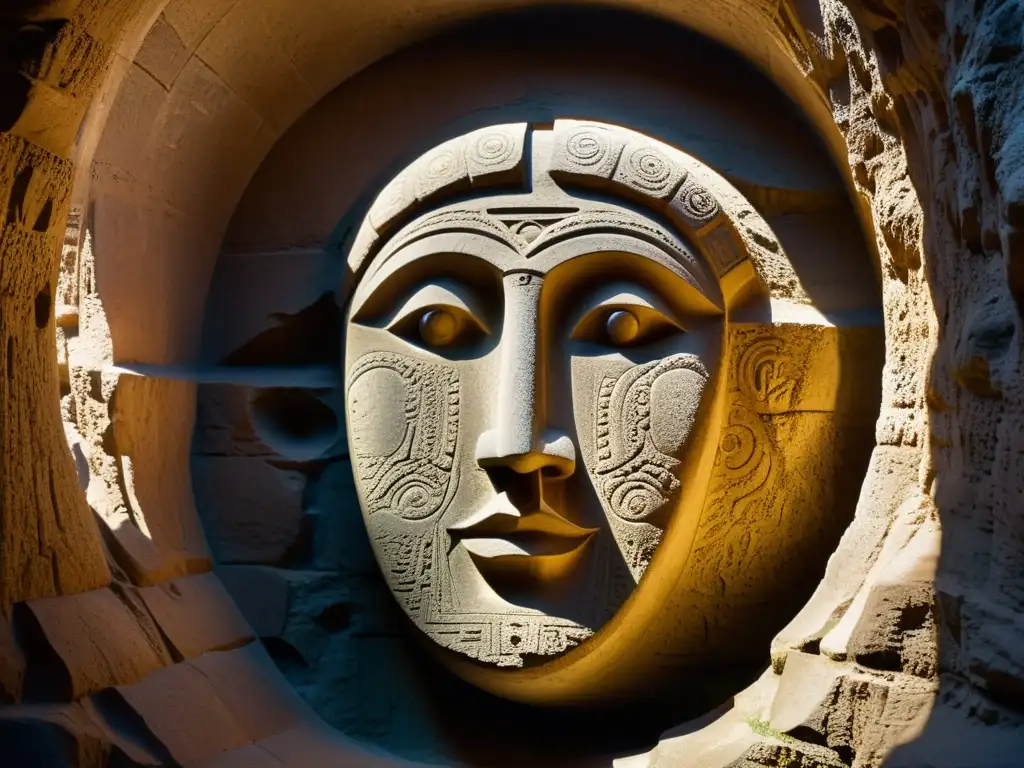 Escultura de piedra antigua con detalles chispeantes, oculta en túneles históricos, evocando misterio y maravilla