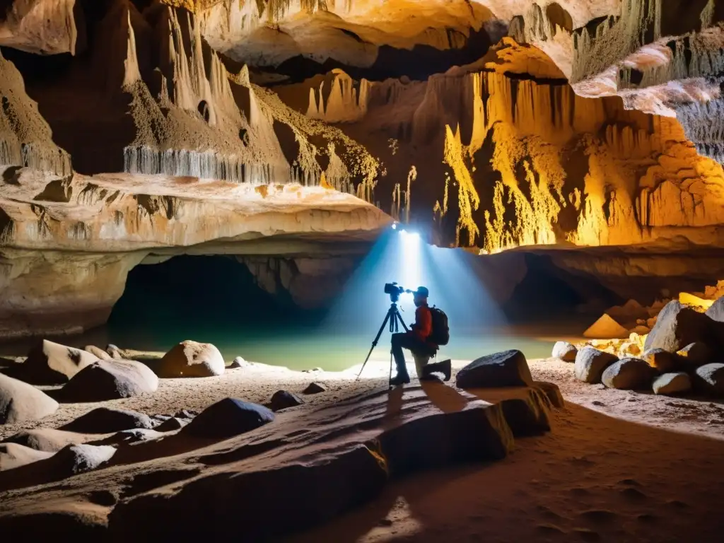 Fotografía en espacios confinados con trípodes: Fotógrafo ajustando la cámara en una cueva subterránea iluminada por su lámpara frontal