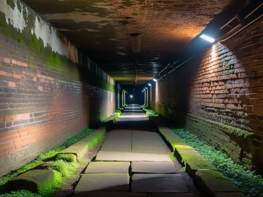 Fotografía en espacios subterráneos oscuros: túnel de ladrillo antiguo iluminado por un haz de luz, evocando una belleza misteriosa